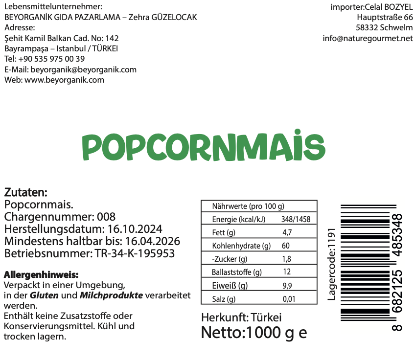 Bio Popcornmais - Beyorganik Mısır 1 KG