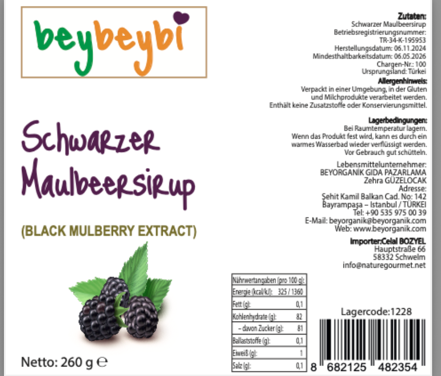 Beybeybi  Ohne Zucker Schwarzer Maulbeeren Extrakt - 260g