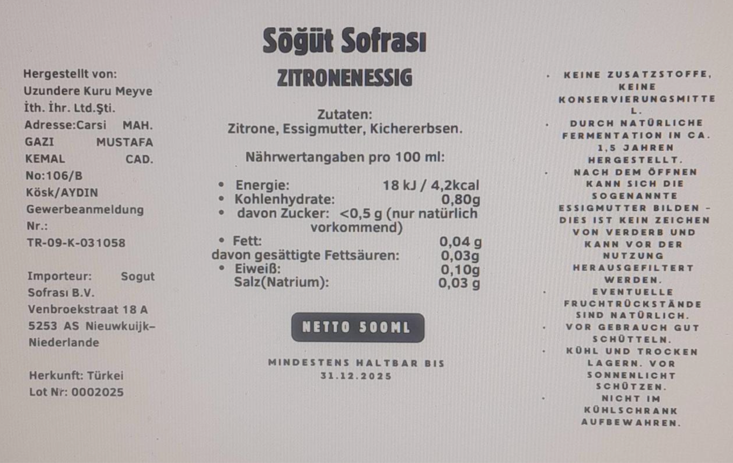 Söğüt Sofrası Zitronenessig 500 ml