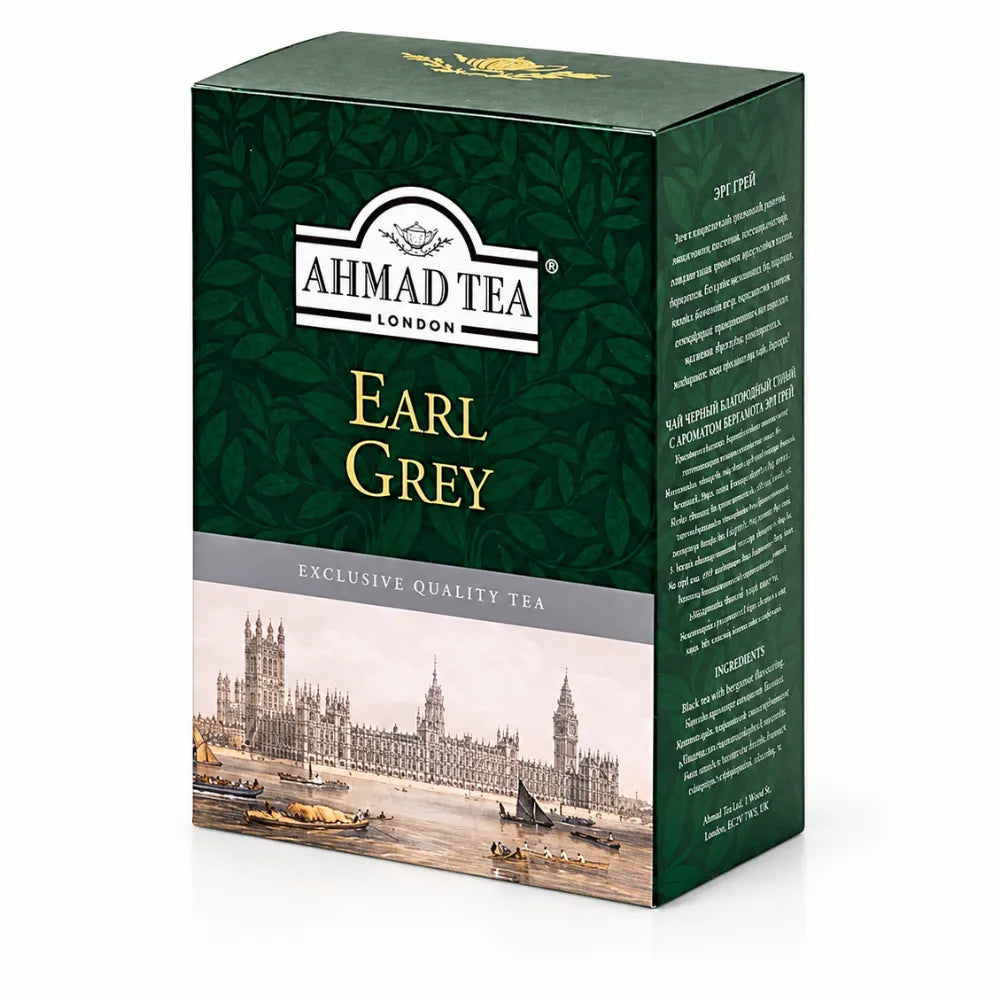 Ahmad Tea Earl Grey 500 g, aromatischer Schwarztee in der originalen Ahmad Tea Verpackung mit grünem Design auf weißem Hintergrund.