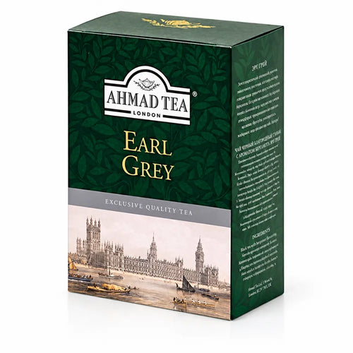 Ahmad Tea Earl Grey 500 g, aromatischer Schwarztee in der originalen Ahmad Tea Verpackung mit grünem Design auf weißem Hintergrund.
