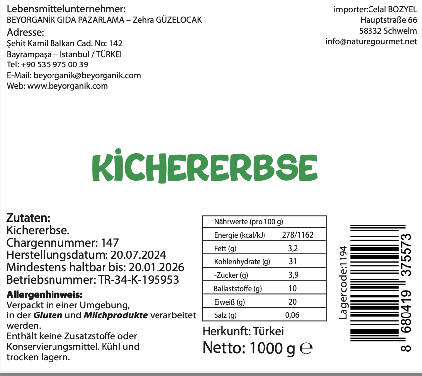 Bio Kichererbsen 1 kg - Beyorganik Bio Kichererbsen 1 kg