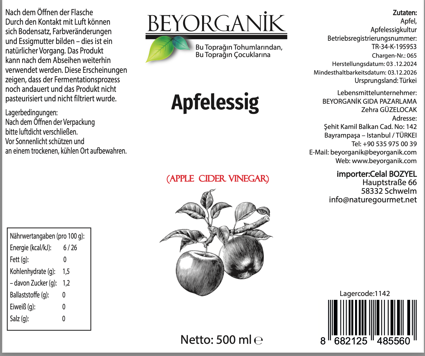 Beyorganik- Bio Apfelessig mit Mutter- 500ml