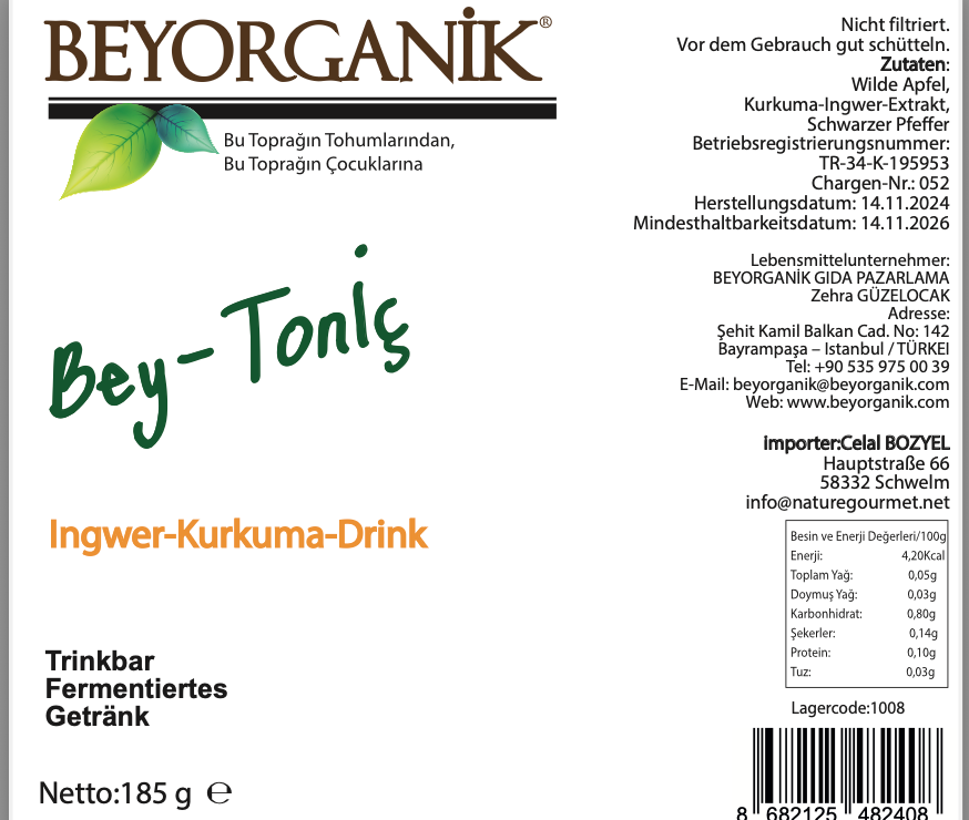 Organik BeyTonik (Zerdeçallı-Zencefilli) Beytonik 185 gr