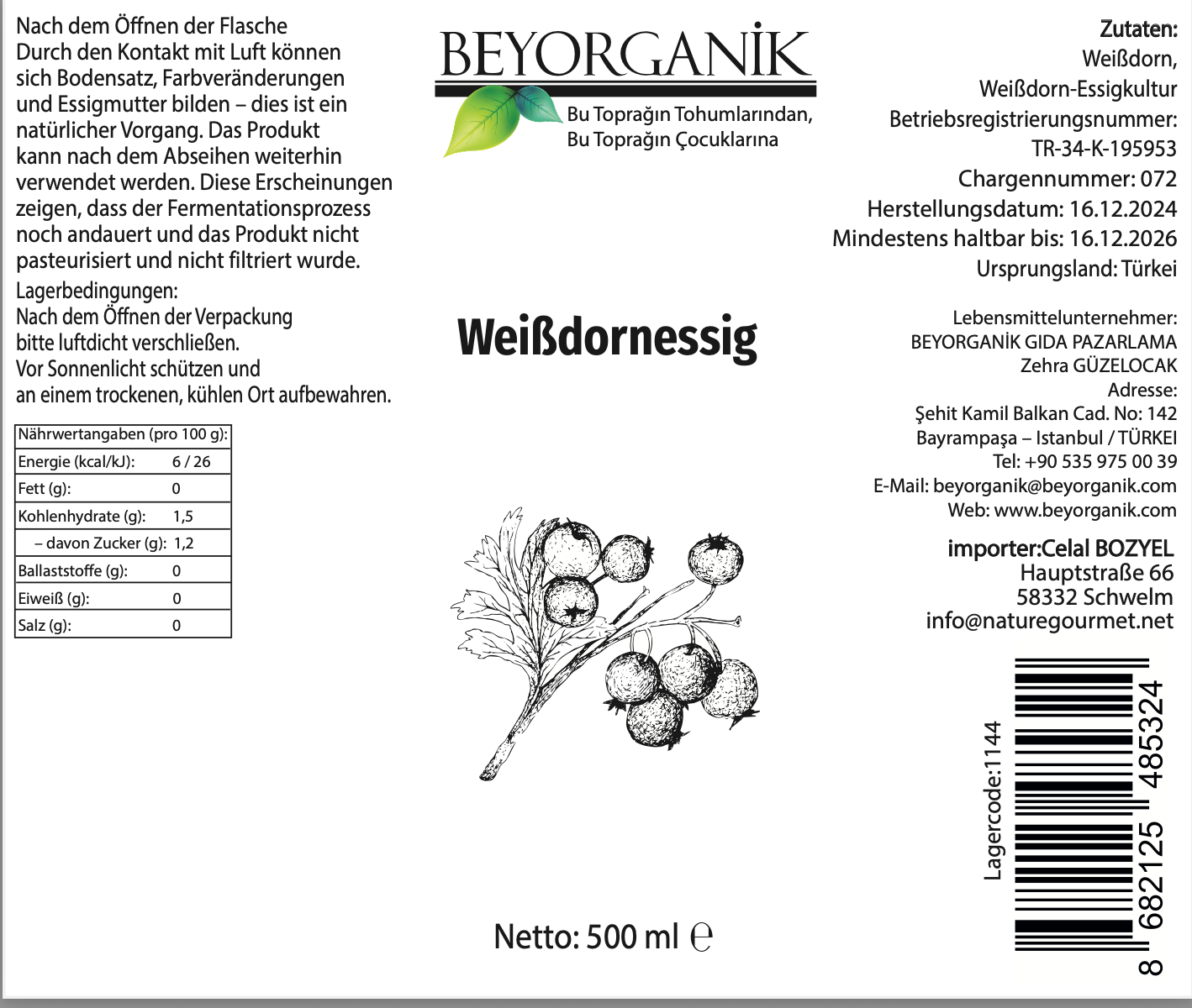 Beyorganik Weißdorn Essig Bio 500 ml