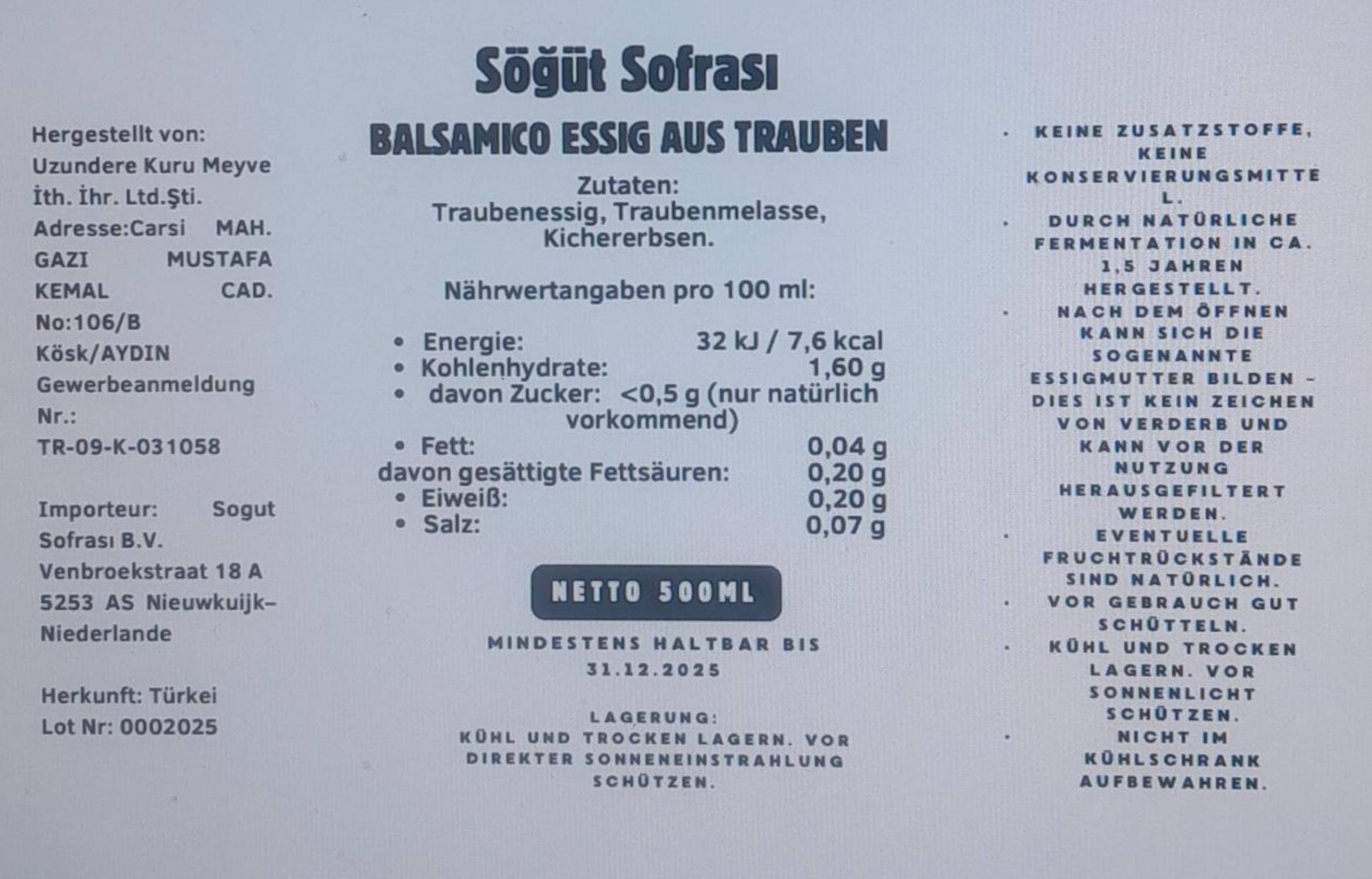 Söğüt Sofrası Balsamico Essig 500 ml